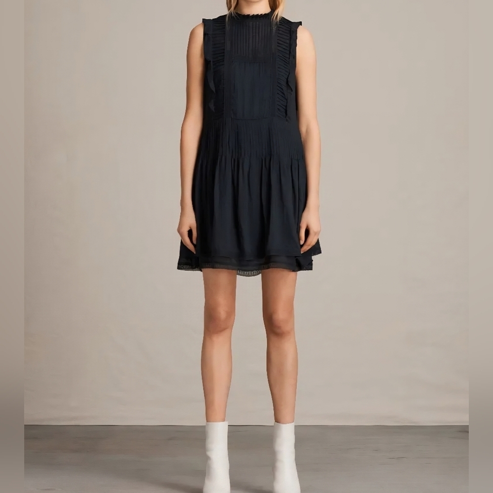 All Saints Black Evelina Ruffle  Mini Dress Women's Size 0